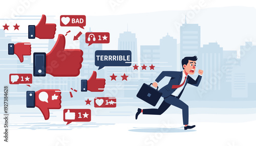 Stressed Businessman Running Away from Negative Social Media Feedback and Cyberbullying Attacks with Dislikes Thumbs Down and Bad Reviews Icons Representing Online Reputation Crisis and Anxiety