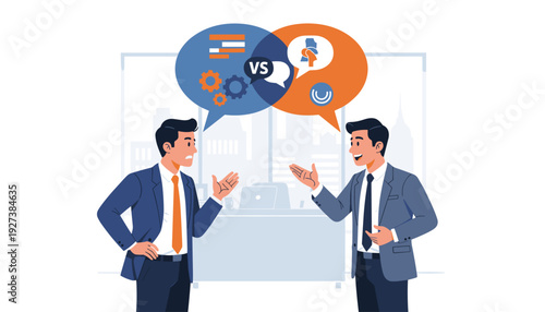 Two businessmen in suits arguing and expressing different opinions in an office setting, debate between colleagues over business strategy and technical versus creative ideas, vector illustration.