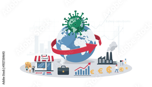 Global Economic Impact of Coronavirus Pandemic Illustration Featuring World Globe with Virus Molecule, Closed Business Shop, Financial Charts, Currency Symbols, and Industrial Factory Icons.