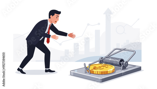 Businessman reaching for a gold dollar coin on a mousetrap, financial risk metaphor and money trap concept. Investment danger, greed, and debt trap illustration with stock market charts background.