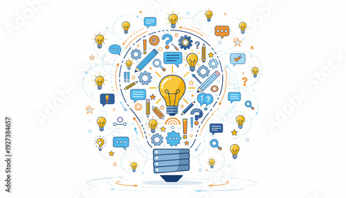 Creativity and Brainstorming Vector Concept Illustration: Putting Small Ideas into a Big One, with a Large Lightbulb Composed of Many Small Icons Representing Innovation and Collective Thinking.