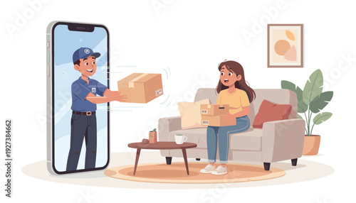 Fast online delivery service concept with a courier man coming out of a smartphone screen to deliver a package box to a woman sitting on a sofa in her living room at home. Modern shopping app.