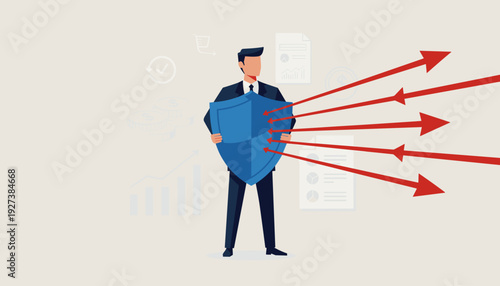 Businessman holding a blue shield to protect himself from red arrows attacking, symbol of insurance services, risk management, financial security, business protection, and crisis defense concept.