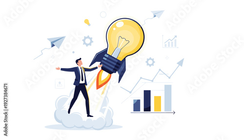 Creative Business Innovation and Startup Launch Concept with Businessman Standing on Cloud Launching Lightbulb Rocket, Representing Success, Growth, Inspiration, and New Ideas Vector Design