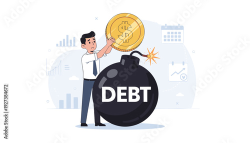 Businessman putting a gold dollar coin into a large black bomb labeled debt with a lit fuse, symbolizing financial crisis, debt management, economic risk, and the pressure of loan repayment.