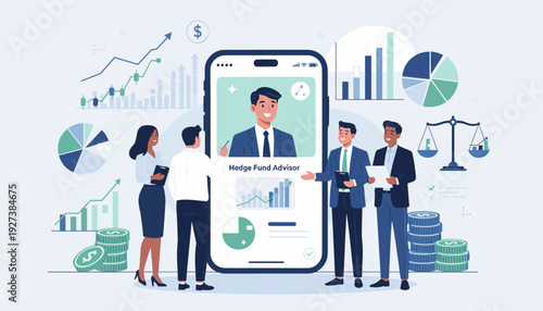 Business Team Consulting with a Professional Hedge Fund Advisor via Smartphone App, Financial Investment Concept Featuring Data Charts, Graphs, and Coins for Wealth Management and Growth.