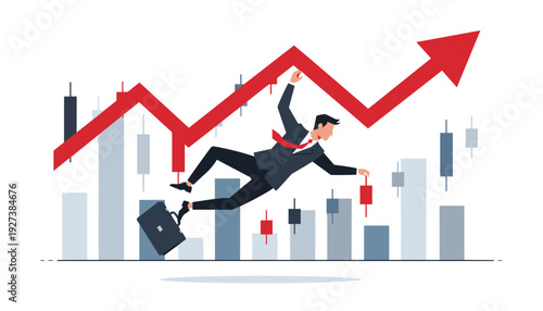 Businessman Falling from a Volatile Red Stock Market Arrow Symbolizing Financial Crisis, Economic Downturn, and Investment Risk with Candlestick Charts Background Vector Illustration Concept