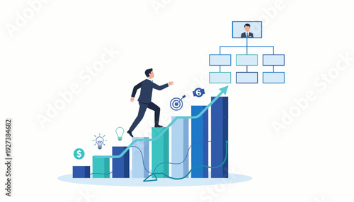 Businessman climbing bar chart stairs to success, career growth concept with organizational hierarchy, financial improvement, leadership development, and achieving professional business goals.