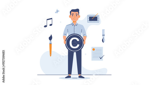 Man Holding a Copyright Symbol Shield Representing Intellectual Property Protection and Legal Rights for Artists, Musicians, and Creators in a Flat Vector Illustration Style with Creative Icons