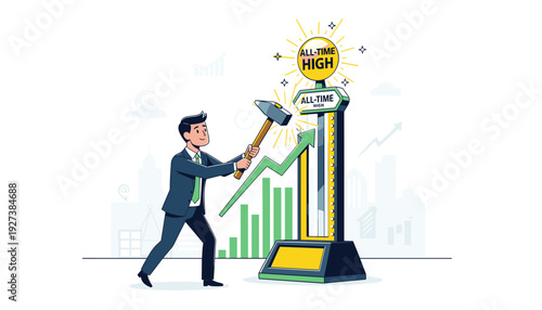 Businessman hitting high striker carnival game with hammer to reach all-time high, symbolizing stock market growth, record financial performance, investment success, and asset price increase.