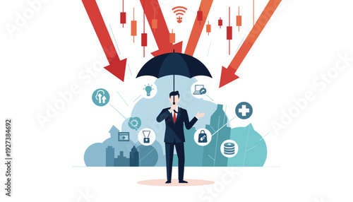 Businessman Holding Umbrella Protecting Diverse Investment Portfolio Icons from Stock Market Crash and Economic Crisis with Red Downward Arrows and Candlestick Charts Vector Illustration