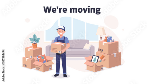 Professional Moving Service Illustration with a Delivery Worker Carrying Cardboard Boxes in a New House or Apartment. Relocation Concept for Home Transport with Furniture and Packed Moving Boxes.
