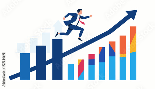 Successful businessman jumping over a gap in a rising growth bar chart to reach the next level. Concept of rapid business growth, financial achievement, career advancement, and overcoming obstacles.