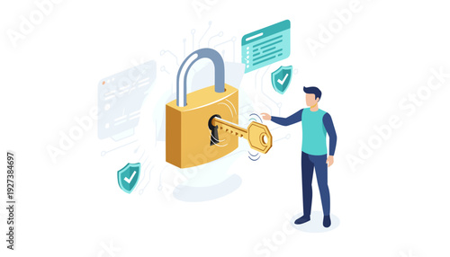 Man opening a large golden padlock with a key, representing authorized access to protected data, cybersecurity, digital privacy, and secure information management in an isometric vector style.