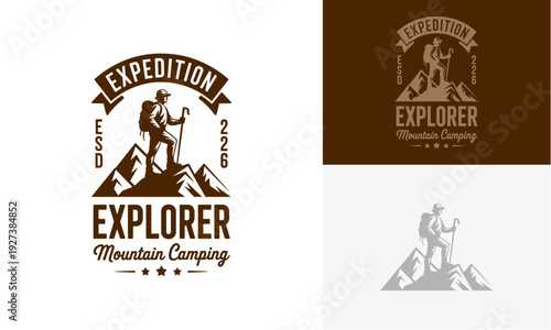 Expedition Logo Featuring Explorer with Backpack Standing on Mountain Peaks