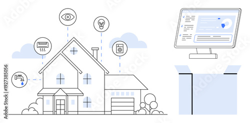 Smart home, home automation, energy efficiency, IoT devices, security, remote monitoring. A modern house with connected appliances and a monitoring dashboard. Smart home and home automation concept