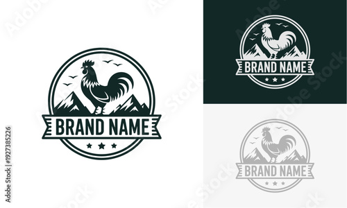 Vintage rooster emblems with mountains and banners displayed in various monochromatic styles