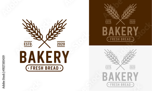 Bakery logo designs featuring crossed wheat stalks, symbolizing fresh bread and traditional baking, presented in various color schemes and typography styles