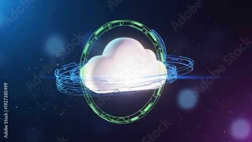Cloud icon surrounded by rotating security rings.