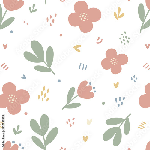 Small scale floral and leaf seamless pattern in soft neutral tones