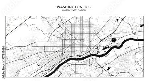 Washington DC City Map Graphic - Black and White Urban Street Grid with Potomac River