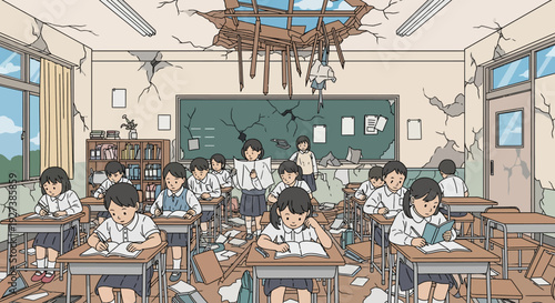 Students taking a test in a damaged classroom with cracked walls and ceiling.