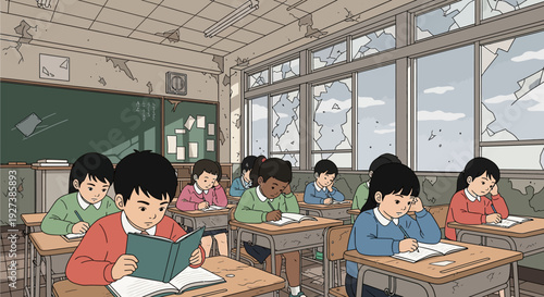 Diverse students studying in a modern classroom setting.