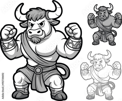Cartoon bull fighter character illustration set with muscular design, gladiator outfit, horns, and fighting stance, creative artwork for gaming, comics, and fantasy projects