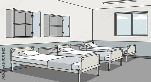 Hospital ward with three beds and medical facilities.