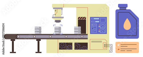 Manufacturing, automation, industry, packaging, production, machinery. Conveyor belt with robotic arm packaging bottles. Manufacturing and automation concepts with industrial equipment