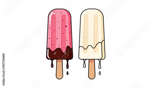 Strawberry and Vanilla Ice Cream Popsicle Bars with Chocolate Drizzle Vector Illustration Isolated on White Background