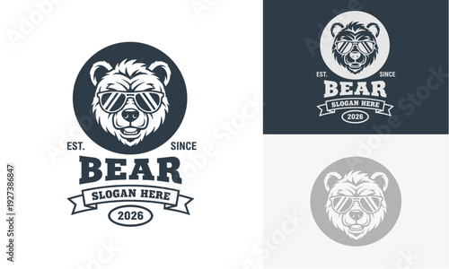 Collection of bear logos with text and circular designs in various styles and colors