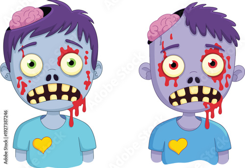 Cartoon zombie duo illustration with exposed brains, colorful eyes, dripping details, and tattered clothing, playful horror artwork for Halloween, comics, and creative projects