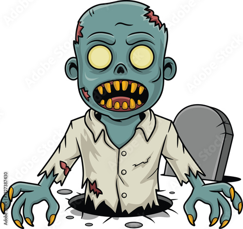 Cartoon zombie emerging from grave illustration with glowing eyes, sharp teeth, and tattered clothing, playful horror artwork for Halloween, comics, games, and creative projects