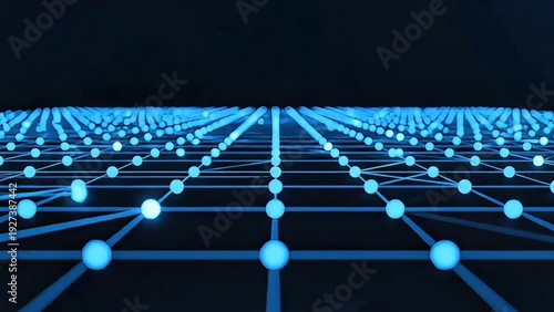 Dynamic visualization of an expansive digital network grid with glowing blue nodes and intricate connections, representing evolving data streams, futuristic technology, and interconnected systems
