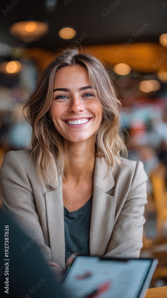 Fototapeta premium Smiling young woman in a blazer looking at the camera in a professional setting