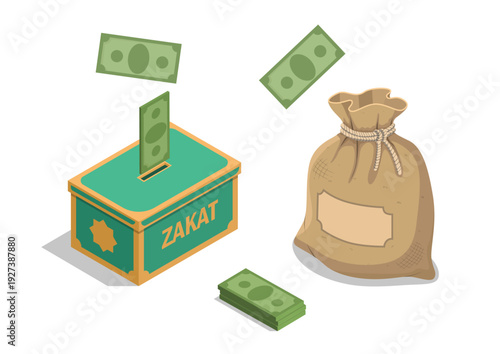 Illustration of Islamic Zakat Donation Box with Money Bills and Cash Sack