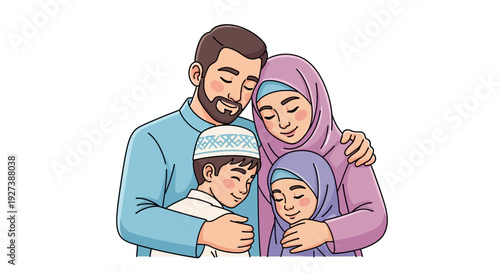 Muslim Family with Children Embracing.