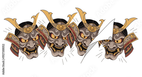 Four Japanese Samurai Masks with Golden Accents.