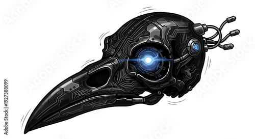 Futuristic Black Bird Skull with Blue Eyes.