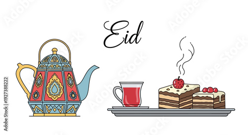 Colorful Kettle Tea Cup Cake Illustration.