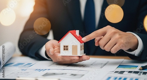 Businessman pointing miniature house roof on modern office desk with warm atmospheric bokeh light