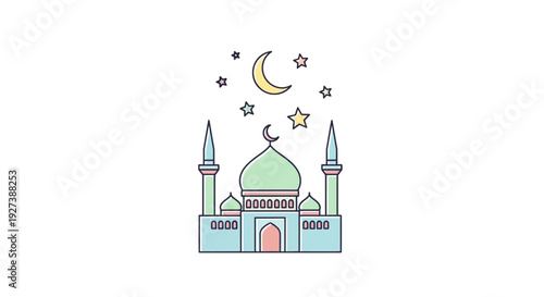 Mosque with Minarets and Crescent Moon.
