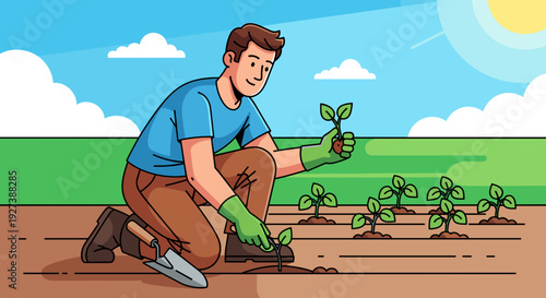Man Planting Seedlings in Garden Soil.