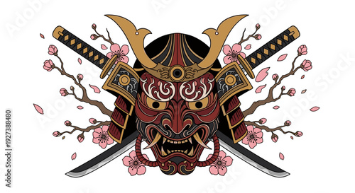Samurai Helmet and Swords with Cherry Blossoms.