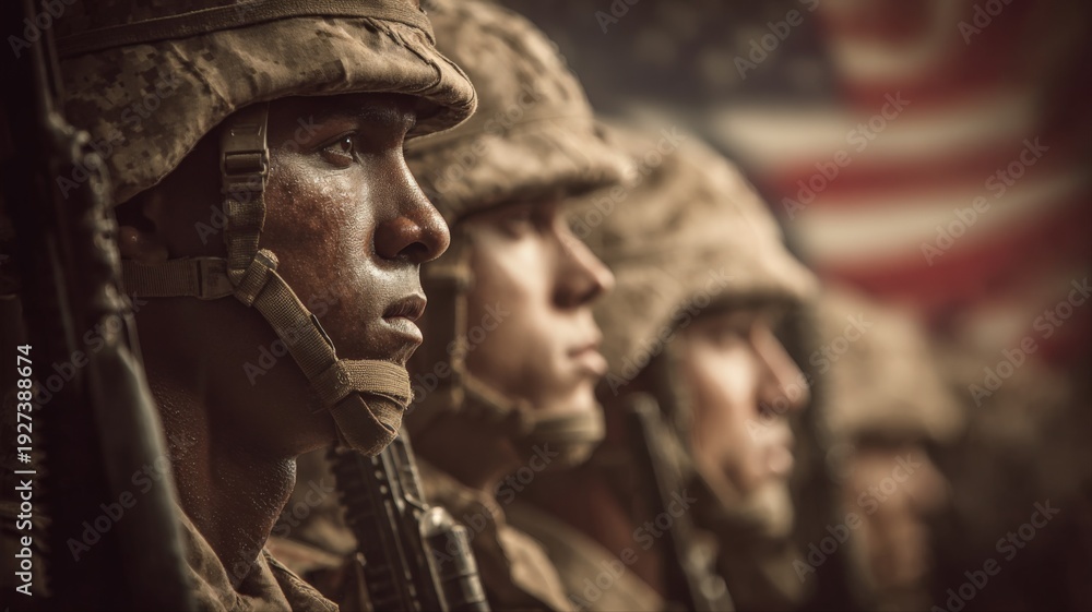 Fototapeta premium Portrait of Brave Soldiers Standing in Formation with the American Flag Symbolizing Strength and Patriotism
