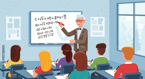 Teacher Explaining Physics to Students in Classroom.