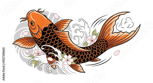 Vibrant Orange and Black Koi Fish Illustration.