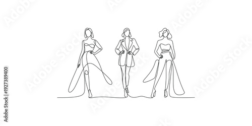 Elegant continuous line art illustration of three fashion models in stylish gowns