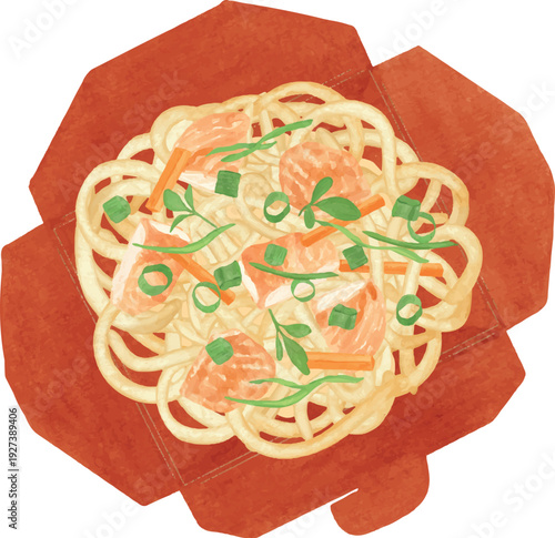 Chicken Chow Mein Noodles on Plate with Chopsticks Vector Illustration